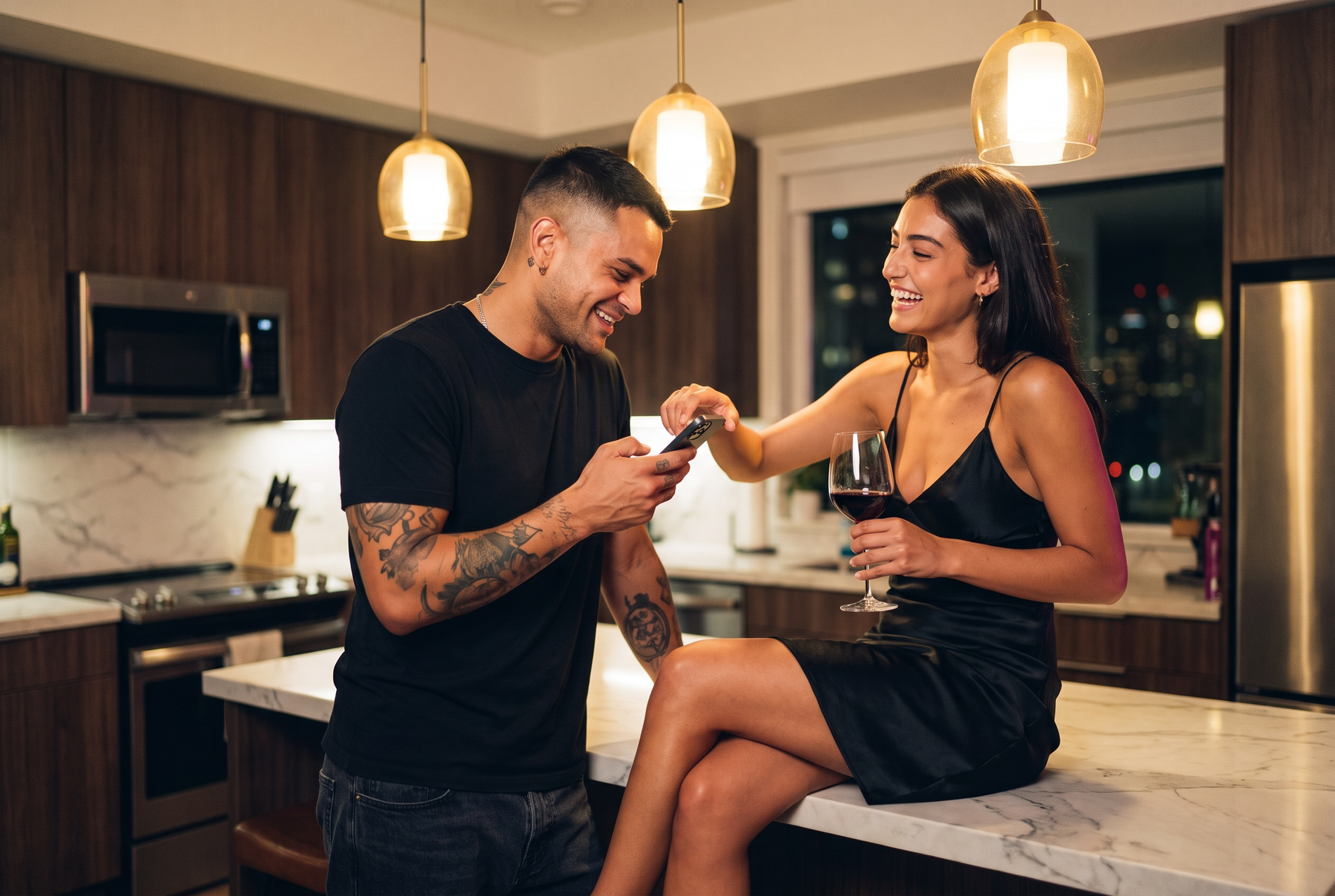 Couple laughing in the kitchen, he holds the phone