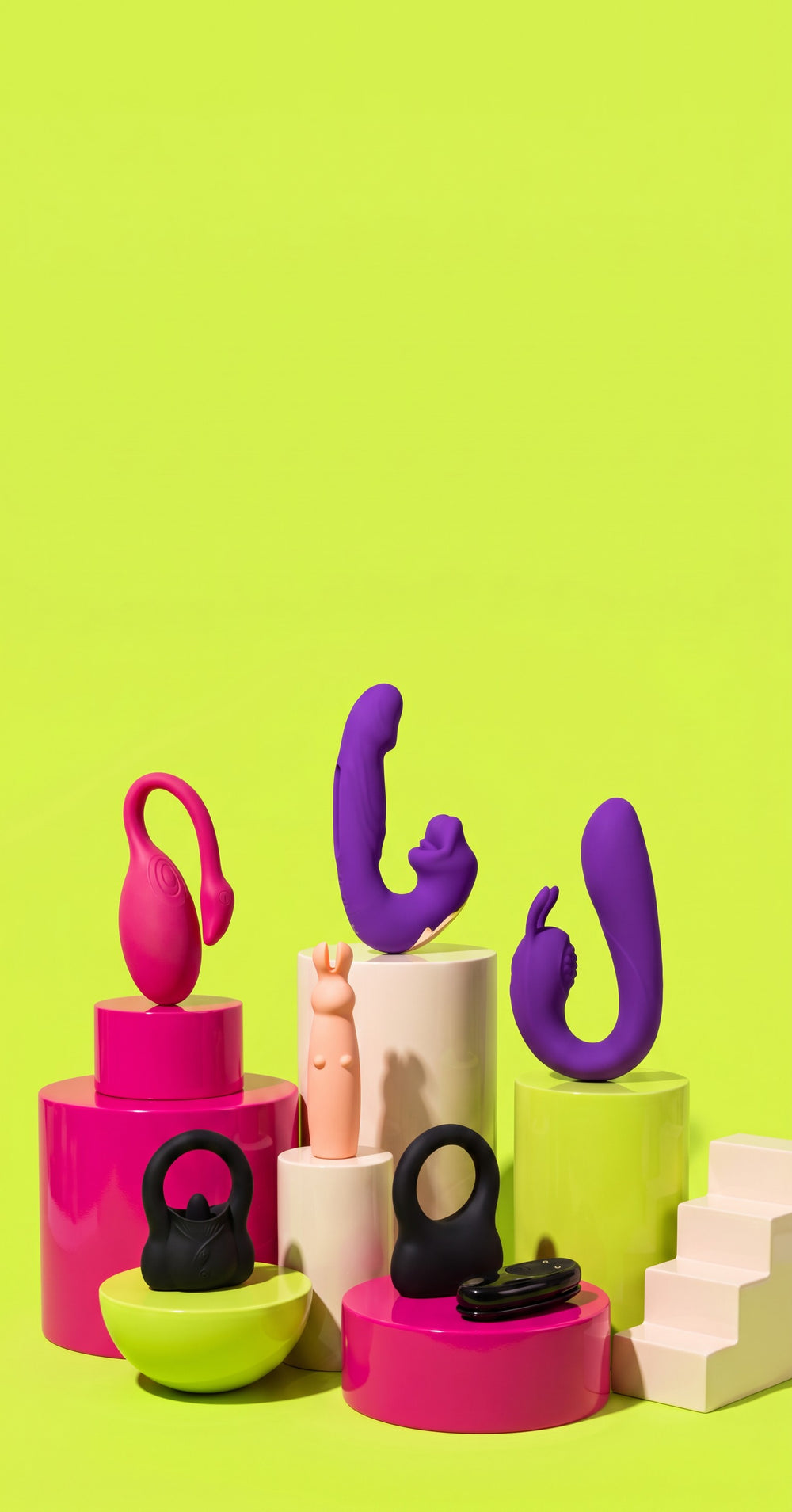 LovePulse toys on lime and magenta pedestals